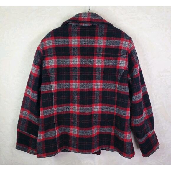 Vtg Woolrich Plaid Double Breast Pea Coat Jacket Womens Large Black Red Button - Picture 11 of 15